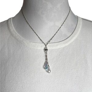 Crystal Drop Lariat Necklace | Silver Tone | Iridescent Crystal Pendant